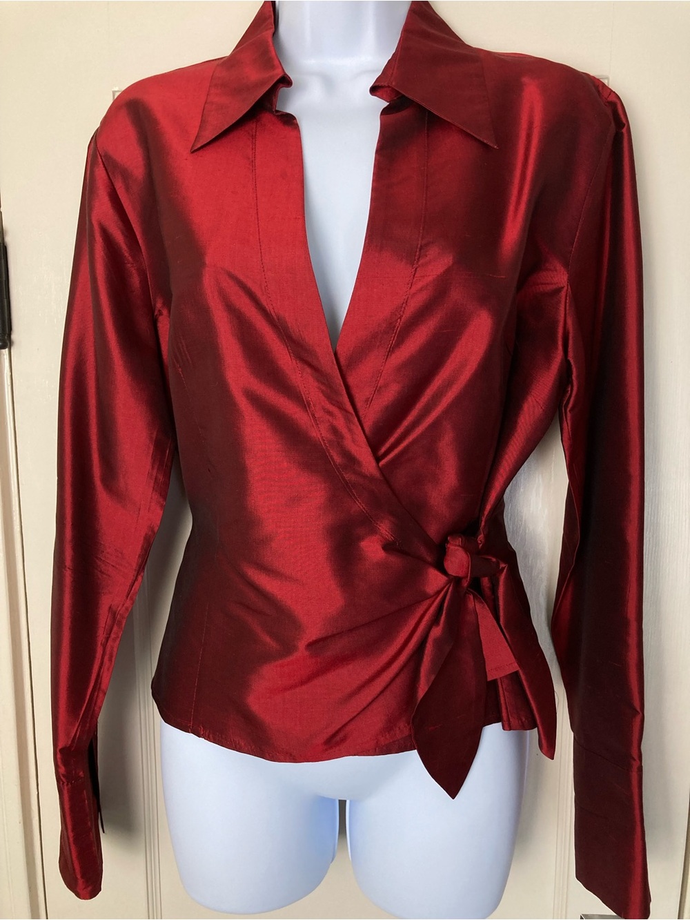 Sunny Leigh Ruby Red Silk wrap side tie blouse size 12